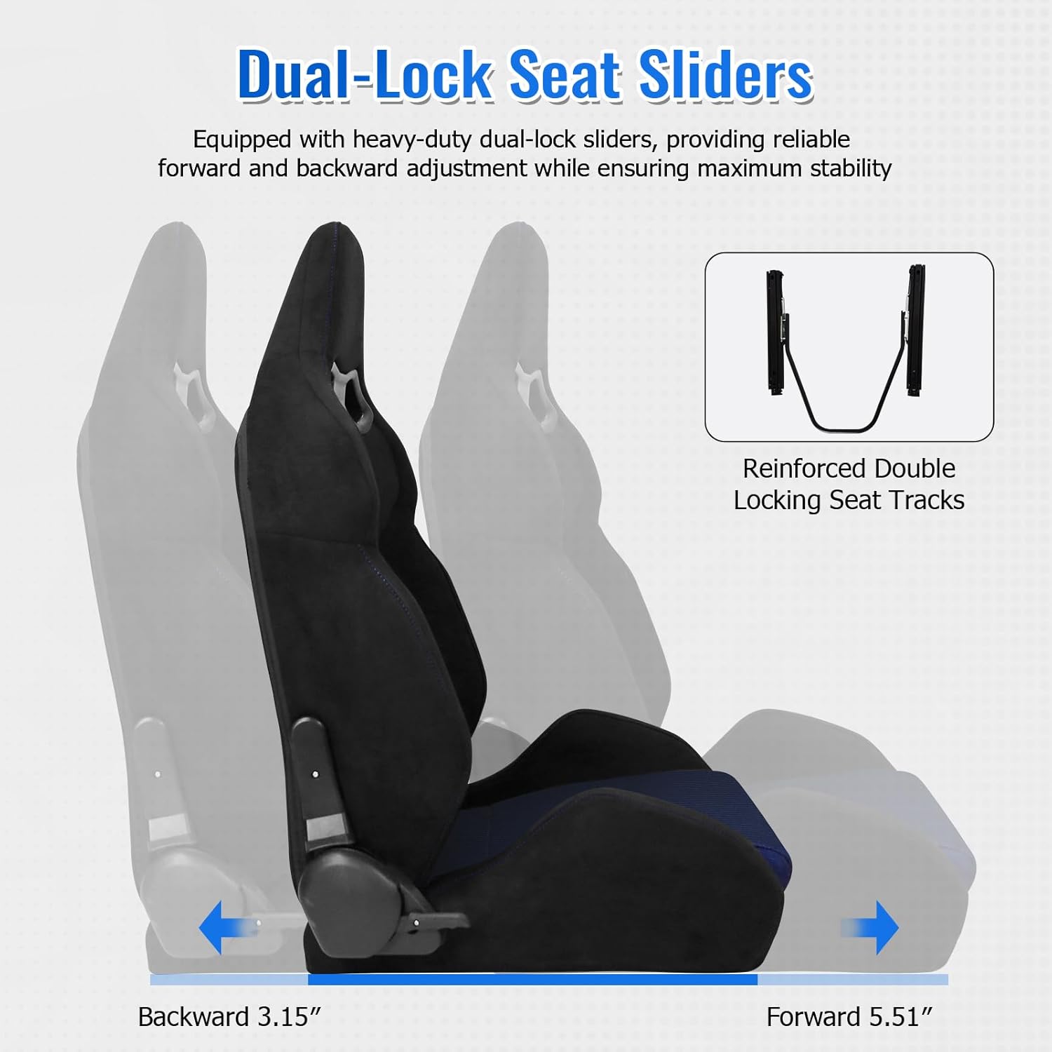 FREEMOTOR802 Reclining Sim Racing Seats, Universal Car Sport Seats with Dual Lock Sliders, Shining Mesh Fabric & Synthetic Suede Cover, Steel Frame & Molded Padding, 1 Pair, Black & Blue