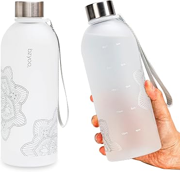 bzyoo 32 OZ 1 Liter Time Marker Water Bottle Frosted Durable Plastic With Strap - Reusable Clear Bottle With Times To Drink Time Markings For Daily Hydration Intake BPA Free Silver