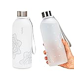 bzyoo 32 OZ 1 Liter Time Marker Water Bottle Frosted Durable Plastic With Strap - Reusable Clear Bottle With Times To Drink Time Markings For Daily Hydration Intake BPA Free (Silver)
