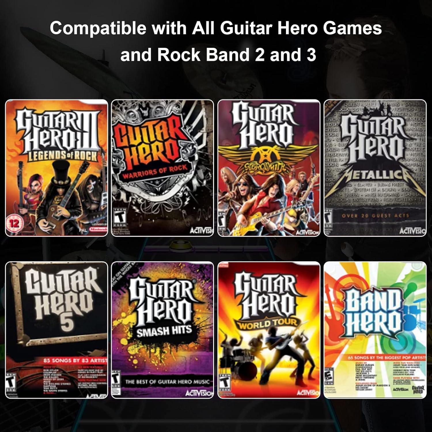 DOYO Manette sans fil pour Wii compatible avec Guitar Hero et Rock Band, fonctionne avec tous les jeux Guitar Hero, sangle ajustable (Blanc)