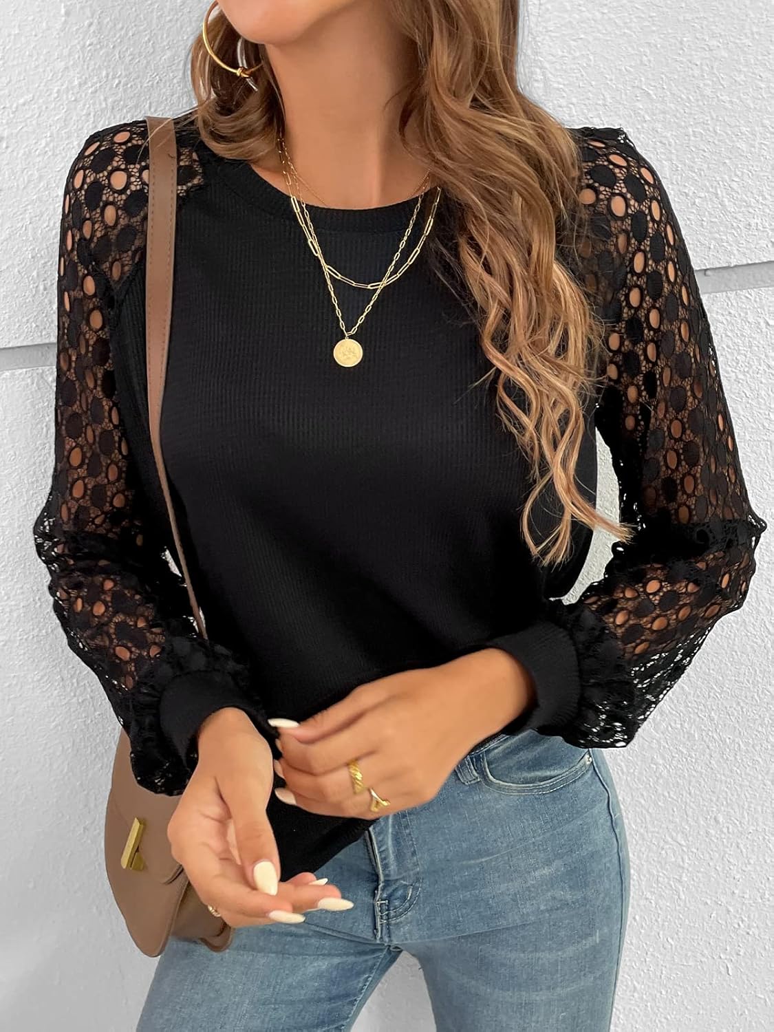 CUPSHE Blouse for Women Long Sleeve Lace Crewneck Shirts Fall Cute Solid Color Business Tunic Clothes - Image 4