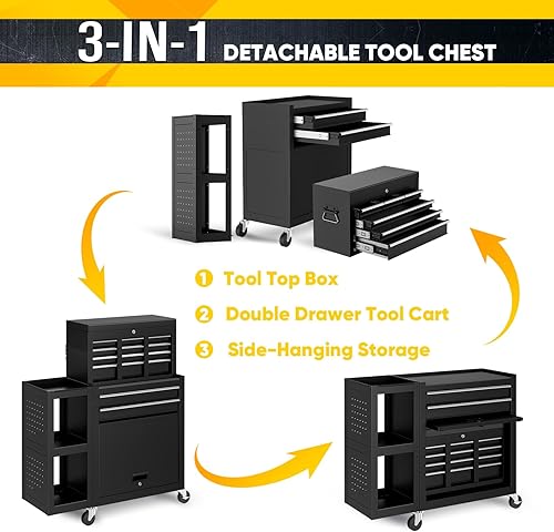 Miniatura 5 de SILVEL Cofre de herramientas con ruedas de 8 cajones, caja de herramientas montada con sistema de bloqueo automático, ruedas bloqueables, cajones