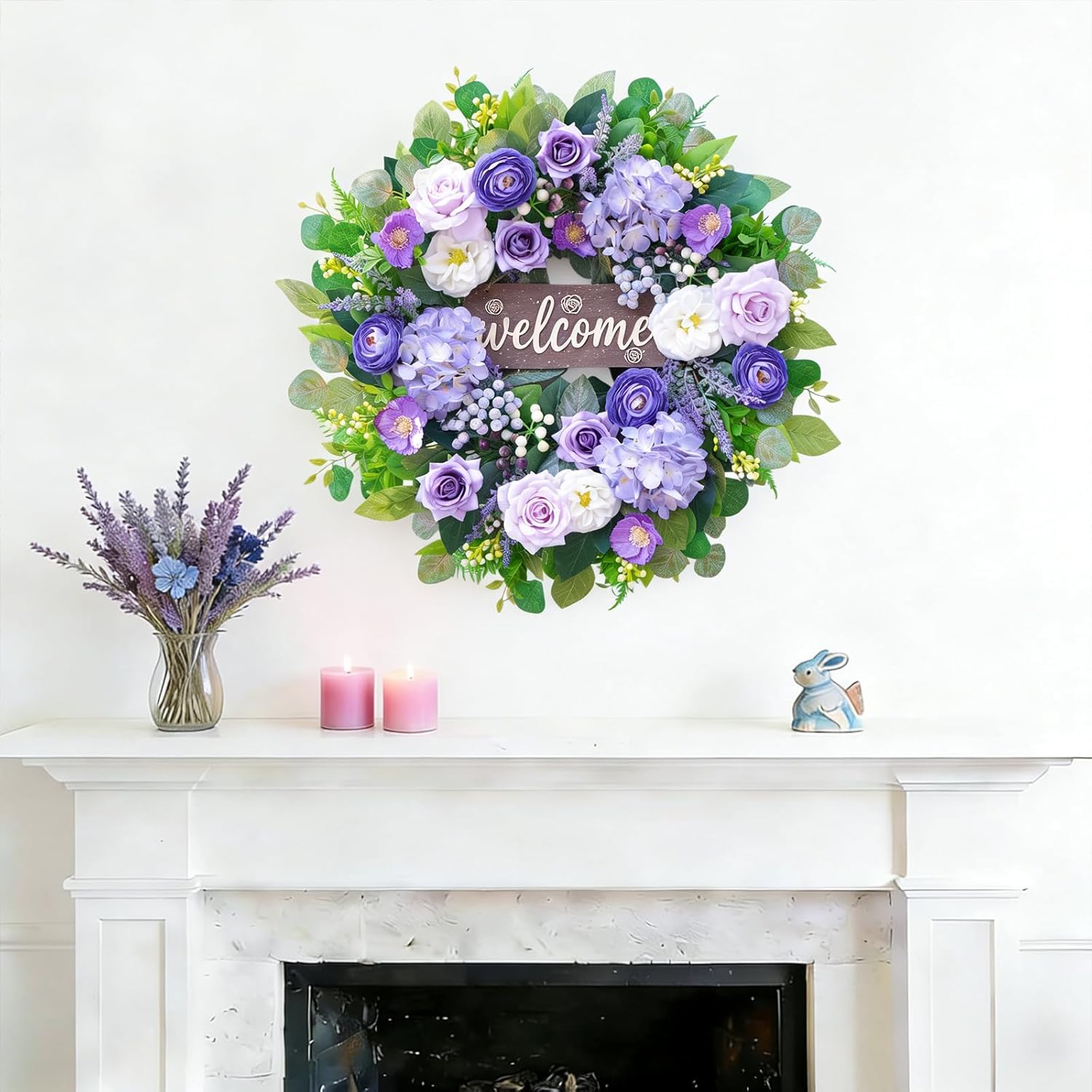 24 Inch Spring Wreaths for Front Door, Luxury Purple Wreath with Welcome Sign, Roses Hydrangeas Eucalyptus,Spring Summer Door Wreath for Outdoor Farmhouse French Country Home Wall Porch Decor