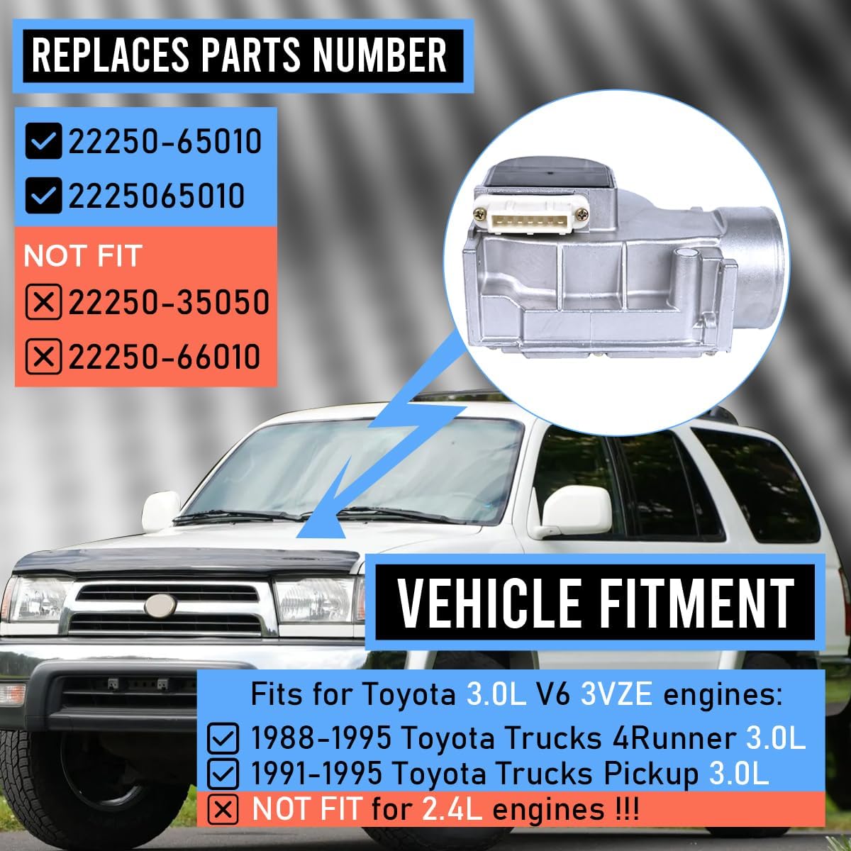 Mass Air Flow Sensor MAF Sensor 2225065010 Fit for 1988-1995 Toyota 4Runner Pickup Trucks Pickup V6 3.0L Replaces OE# 22250-65010