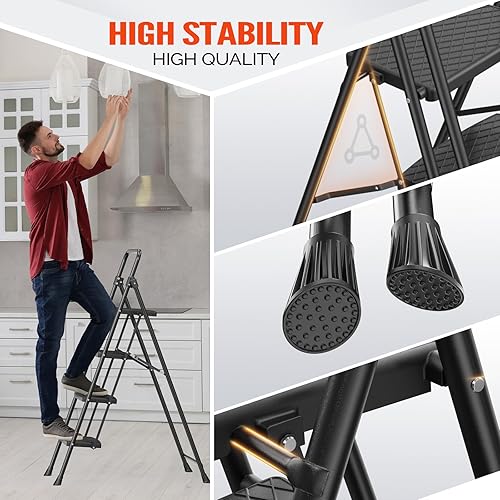 Miniatura 4 de LUISLADDERS Escalera de 4 escalones con barandillas, taburete plegable con pedal antideslizante ampliado, escalera ligera de 400 libras, plegable en