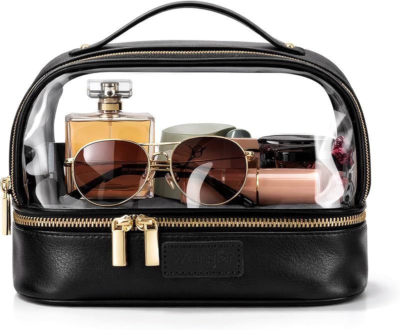 Necessaire de maquiagem Montana West com 2 compartimentos, transparente, preta, com zíper