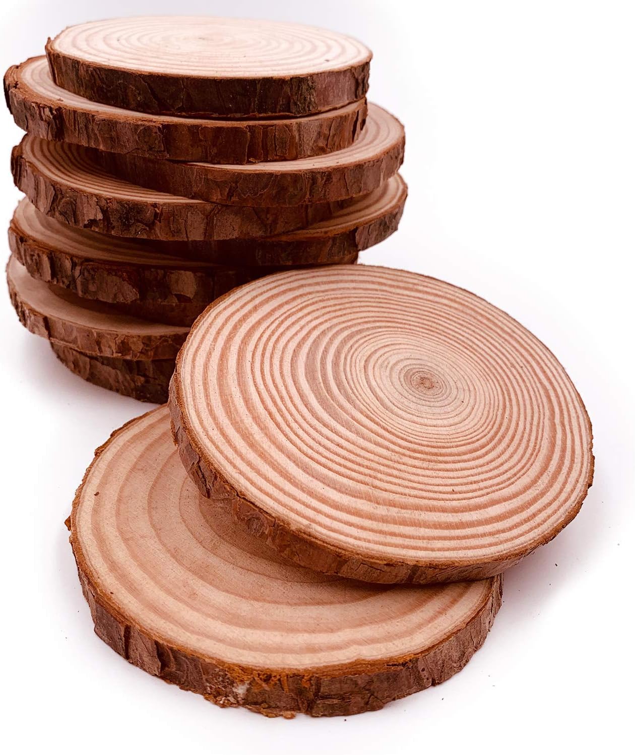 10pcs 3.9"-4.7" Unfinished Predrilled Wood Slices Round Circles with Tree Bark Wood Slices for Centerpieces and DIY Craft Rustic Ornaments …