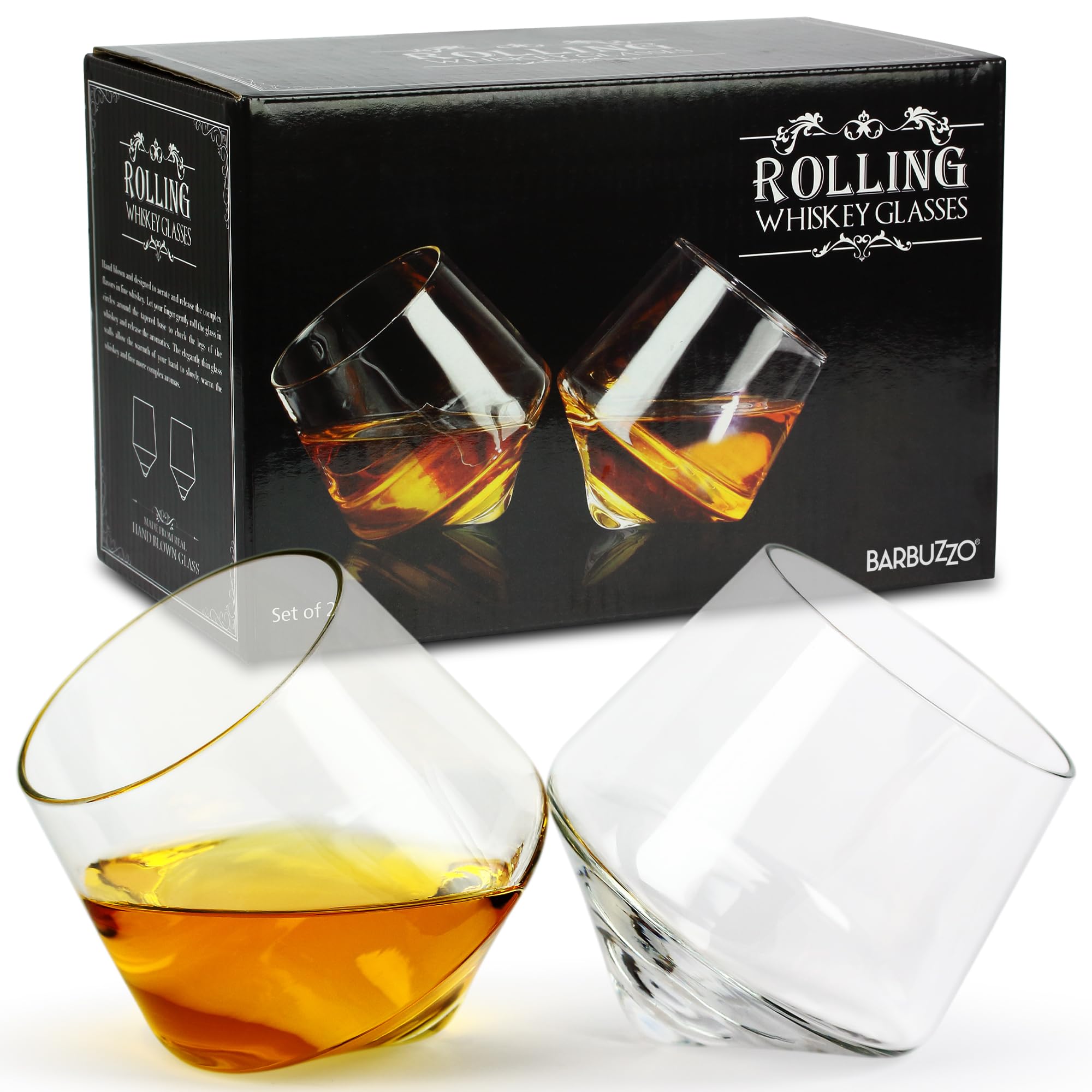Barbuzzo Rolling Whiskey Glasses (Set of 2) – Hand-Blown Stemless Whiskey Glasses That Roll for Better Aeration – Perfect for a Variety of Spirits, Malts, Highballs and Cocktails – Holds 6.3 Ounces