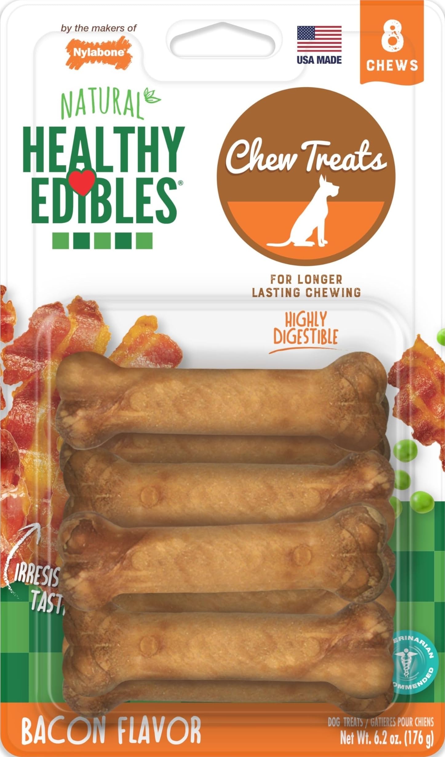 Nylabone Healthy Edibles Dog Treats, Bacon Flavor, X-Small, 8 Count
