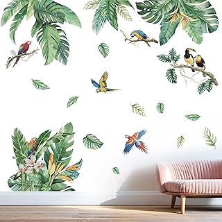 Tropical Leaves Wall Stickers for Women: Peel and Stick Green Plant Hanging Leaf Birds Wall Decals