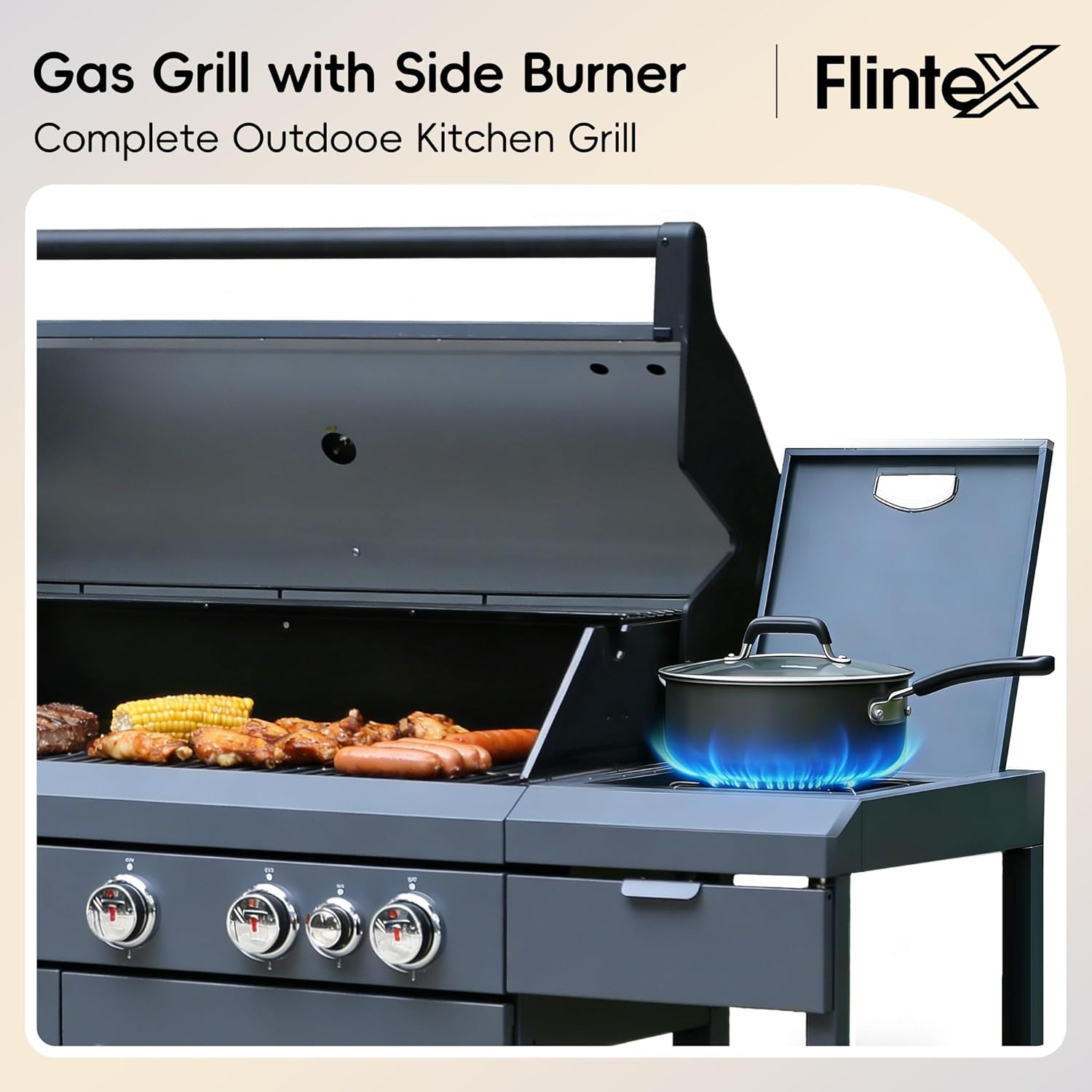 6-Burner Propane Gas Kitchen Grill Island with Side Burner,72,000 BTU Stainless Steel BBQ Outdoor Griddle Grill Combo with LPG/NG Convertible and Storage Cabinets & Fold-out Table, Gray