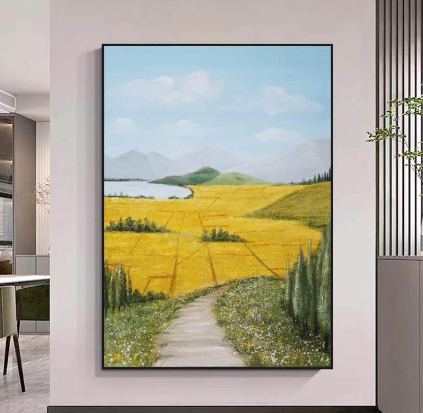 Art mural toile paysage blé jaune : peinture à l'huile décorative grand format sans cadre