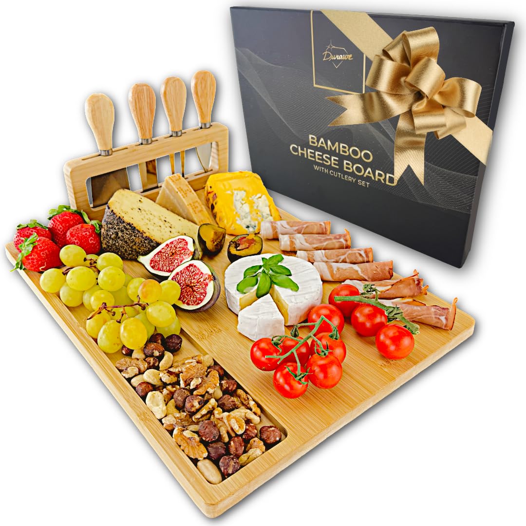 Bambusowa deska do serów z 4 nożami i zdejmowanym uchwytem – półmisek do serwowania z przegródkami na przekąski, Charcuterie Board na aperitif, degustację wina i pomysł na prezent do kuchni