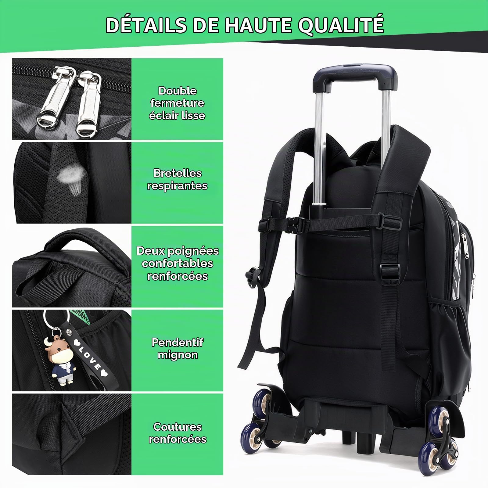 Amythe Sac à Dos à Roulette pour Garçons Cartable Primaire avec Chariot pour l'école ou les Voyages D'agrément, Sac D'école Garçon 6 à 12 ans, Noir