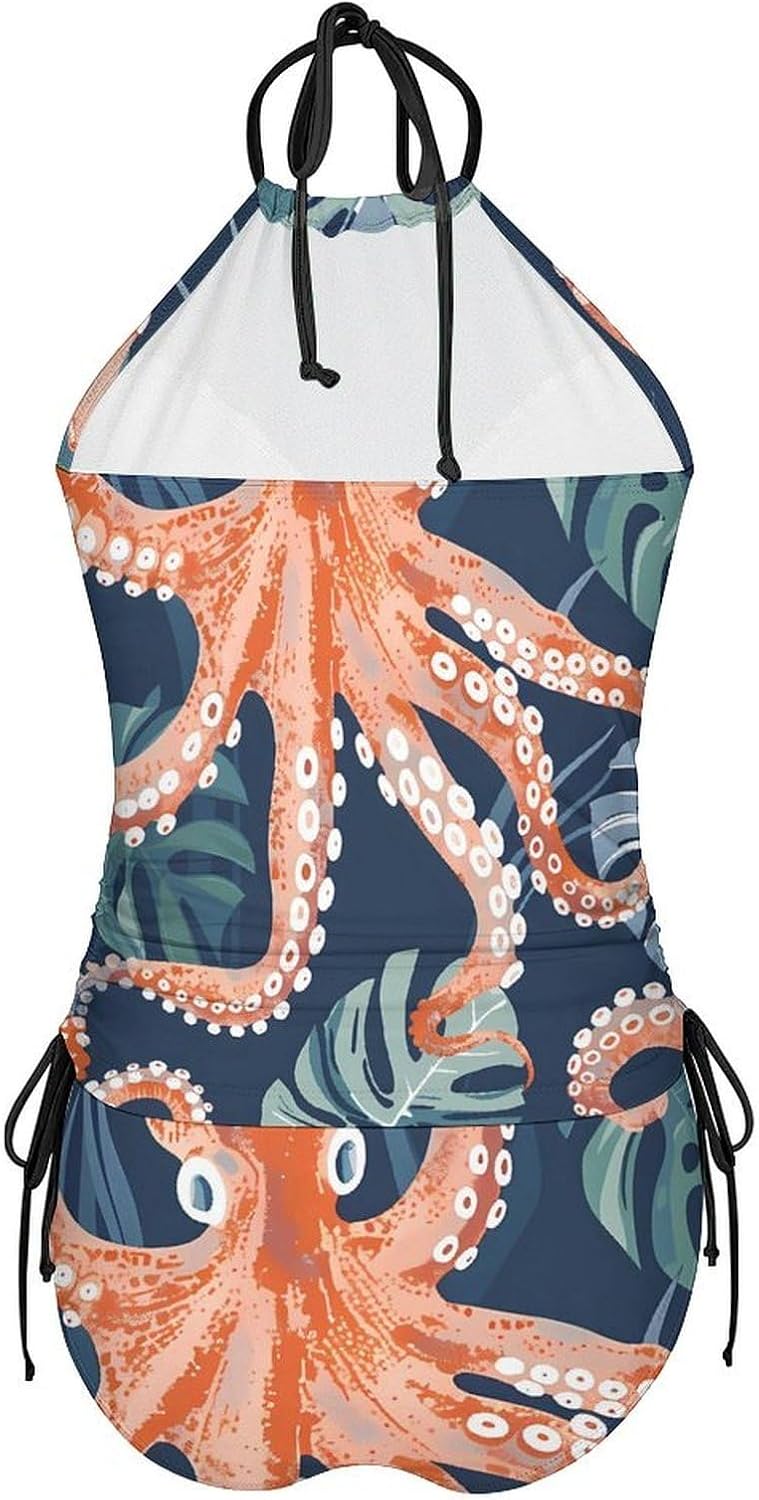 Sea Octopus Hawaiian Pattern Women's Tankini Swimsuit Two Piece Tummy Control Bathing Suits Tie String Swimwear