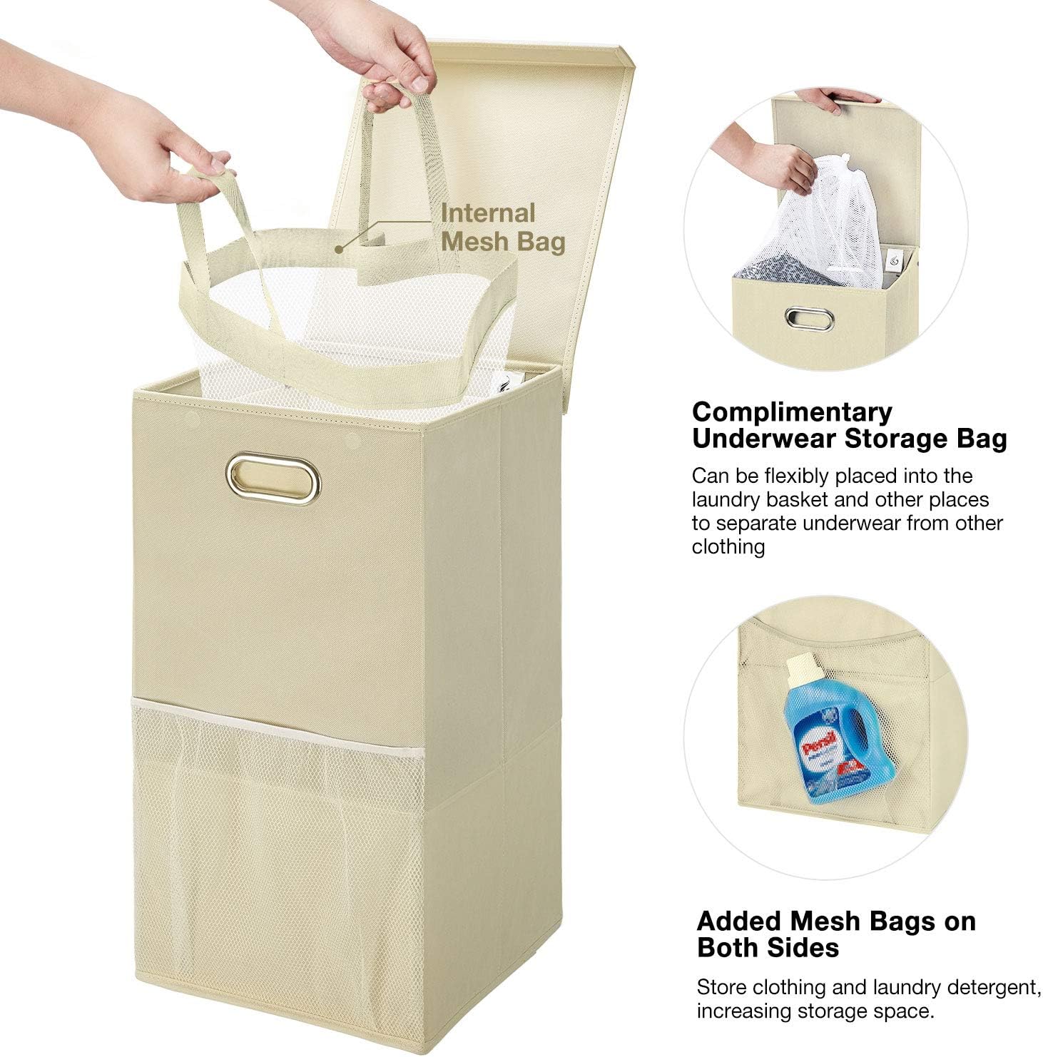 GREENSTELL Laundry Hamper with Lid and Handles, Foldable Laundry Basket with Mesh Pockets, Easy Movement Clothes Laundry Basket for Bedrooms, Laundry Room and Balconies (1 Pack Beige)