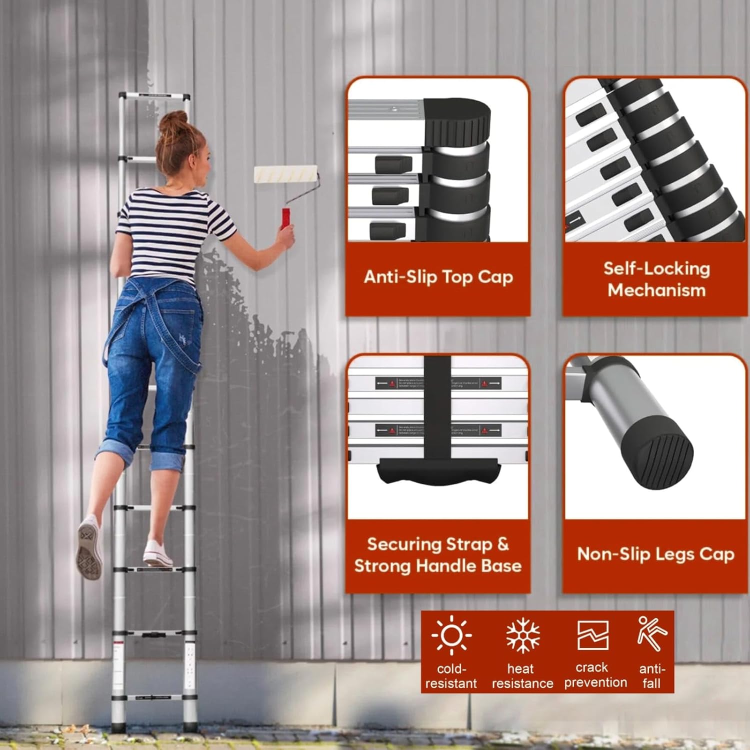 Telescoping Ladder, 12.5 FT Aluminum Lightweight Extension Ladder with 2 Stable Hooks, 2 Triangle Stabilizers & Non-Slip Feet, Heavy Duty 330 Lbs Max Capacity, Ideal for Home, RV & Outdoor Work