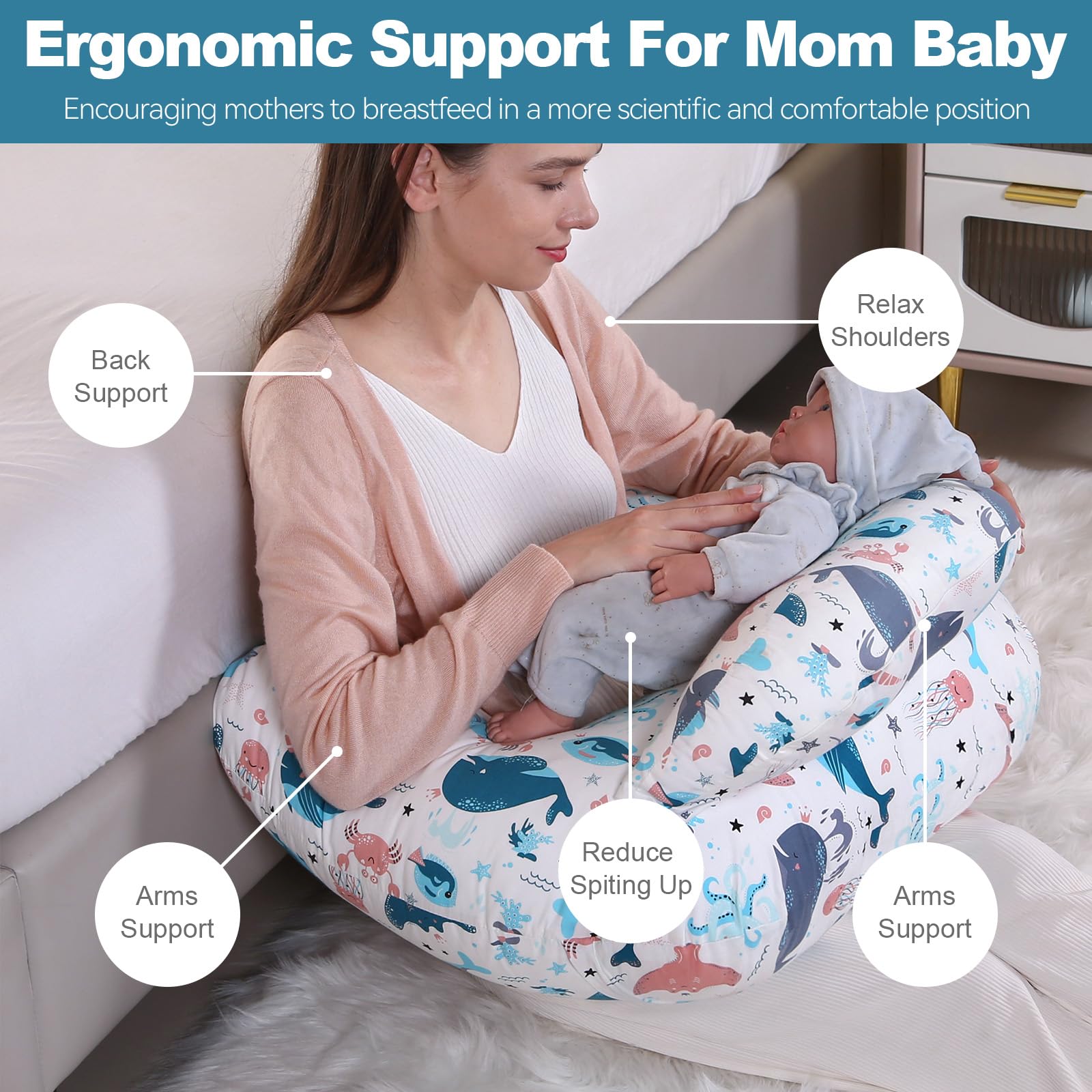 Stillkissen, Schwangerschaftskissen, Multifunktionales Motherhood Stillkissen mit Verstellbarem Hüftgurt und Sicherheitszaun, 100% Baumwollbezug (Unterwasserwelt)