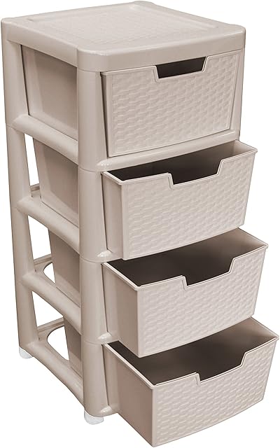 EHC Large 4-Drawer Rattan Style Tower Plastic Storage Unit - Mushroom