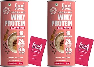 Foodstrong Whey Protein Powder (Concentrate + Isolate), 100% Hormone Free Grass-Fed Whey, 24G Protein & 6.6G BCAA, Coffee, With Turmeric & Digestive Enzymes, 16 Sachets, 560G (Pack Of 2)