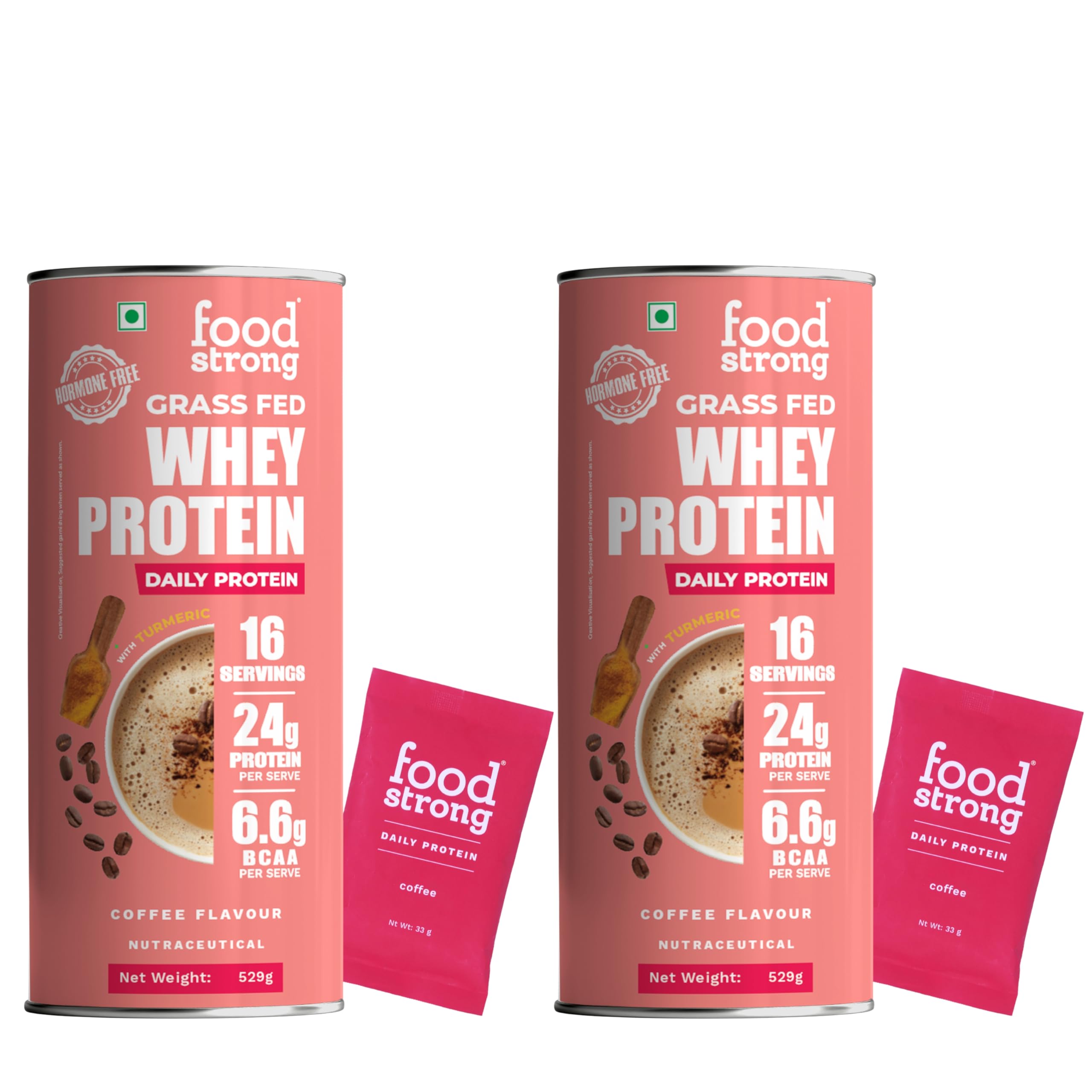 Foodstrong Whey Protein Powder, Grass-fed, 100% Whey, Daily Protein, Cold Coffee, 23.9g Protein, With Turmeric, Green Tea, Ashwagandha & Digestive Enzymes, 16 sachets, More than 500g (Pack of 2)
