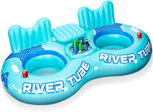 ShinyRelief Flotador inflable de tubo de río, flotador de piscina resistente para 2 personas con enfriador integrado, respaldo ergonómico y