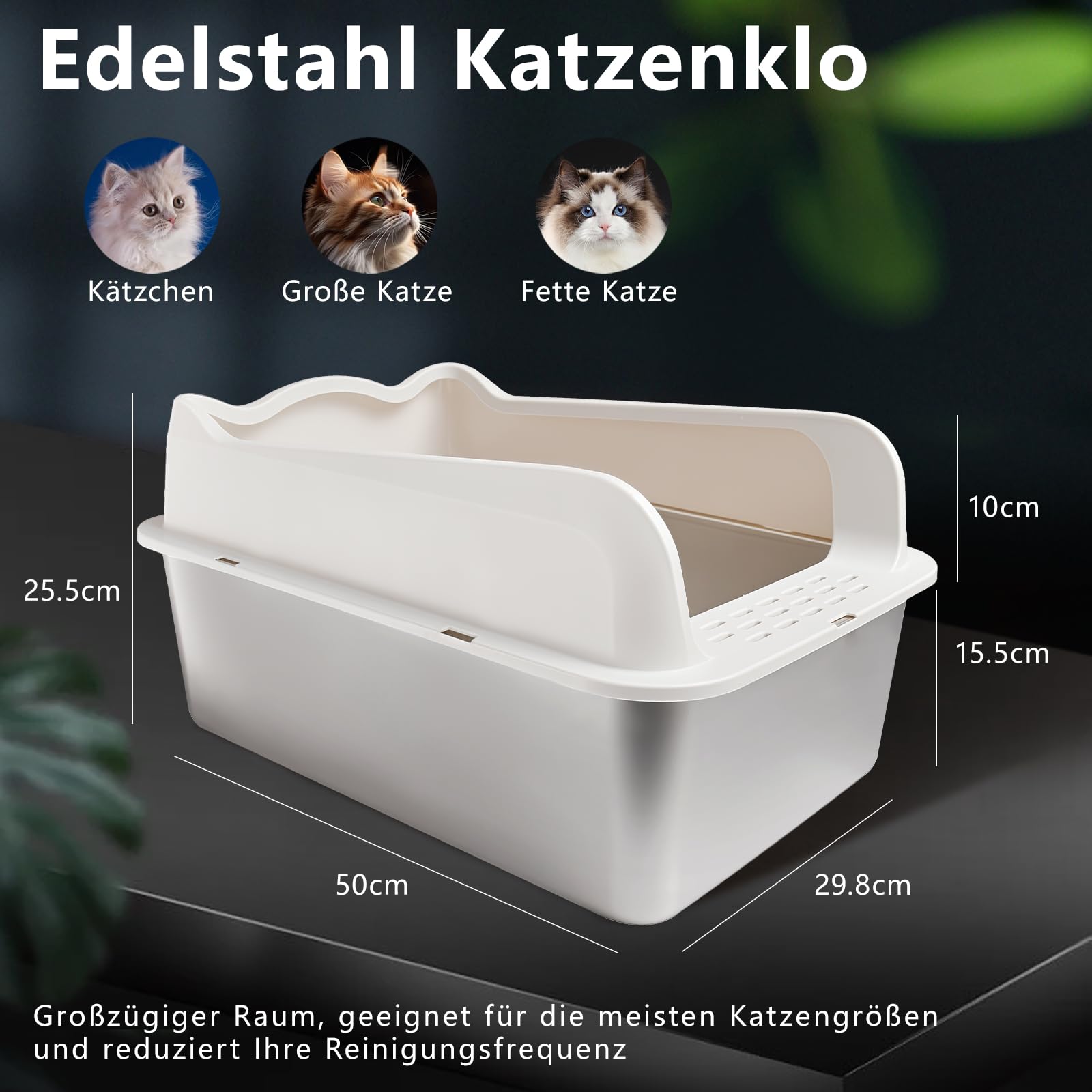 Katzenklo,Großes Katzentoilette 50 * 35 * 25 cm Niemals Gerüche, Rostfrei, Antihaft Glatte Oberfläche, Edelstahl Katzenklo Fassungsvermögen für Leichtere Reinigung (50 * 35 * 25 cm)