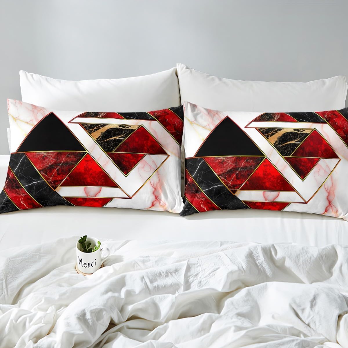 Marble Fitted Sheet Queen Girls Women,Modern Luxury Gold Red White Black Geometric Texture Lines Marble Bedding Set Hotel Soft Microfiber Triangle Bed Sheet Set for Kids Boys Teens Living Room Decor