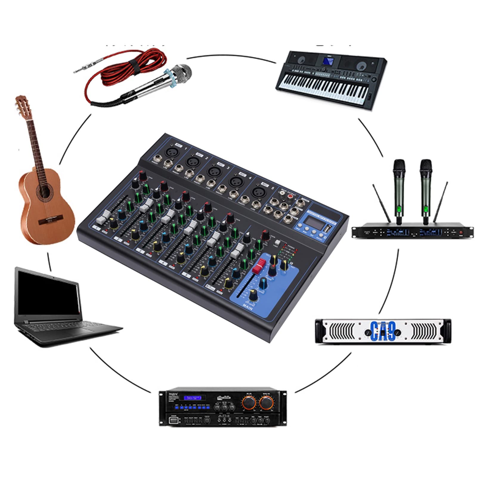 Mixeur audio 7 canaux, Bluetooth, 2 entrées micro, USB, pour microphones/guitares/basses, modèle SD-5445A
