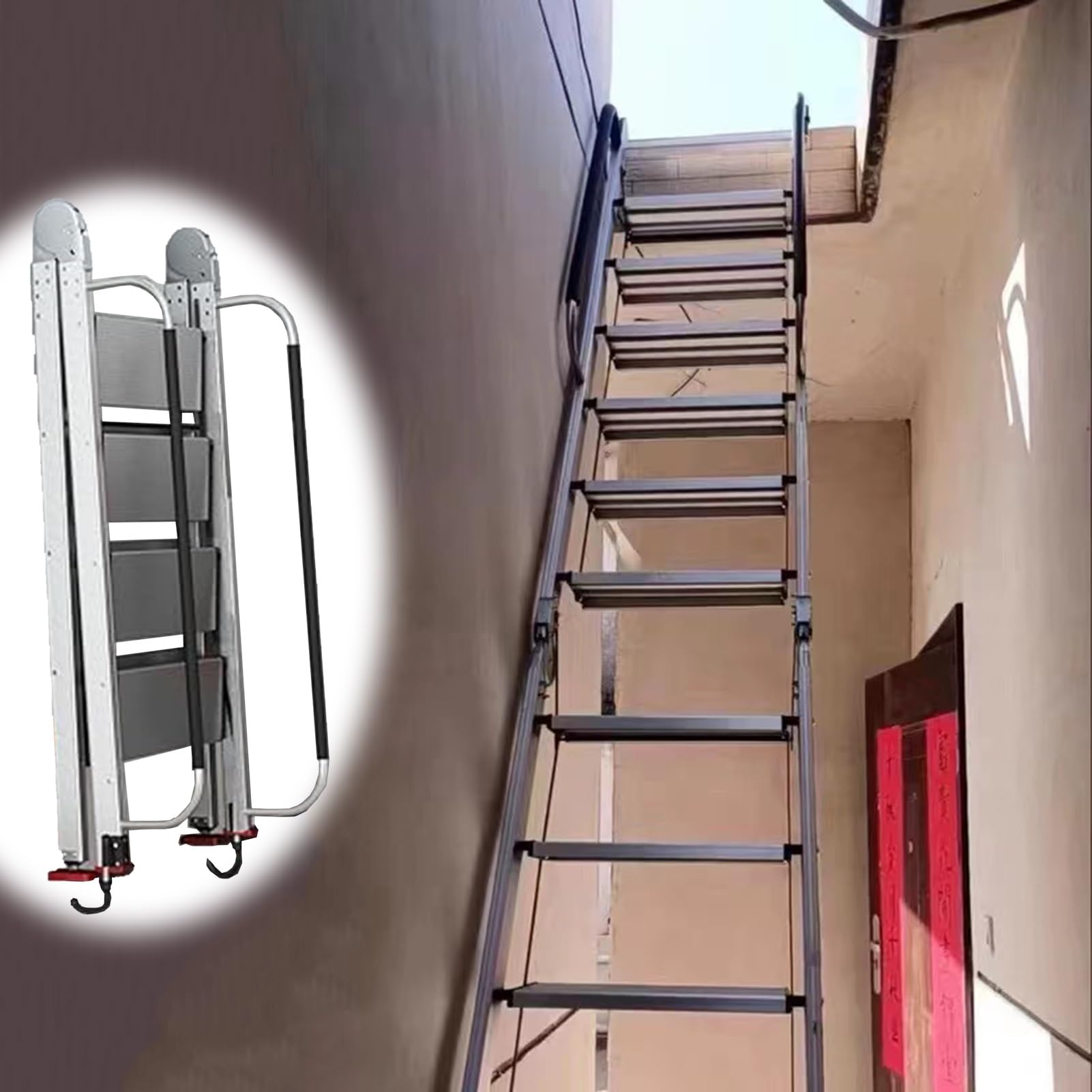 Scala pieghevole per soffitti alti, scala salvaspazio per piccole case e capannoni