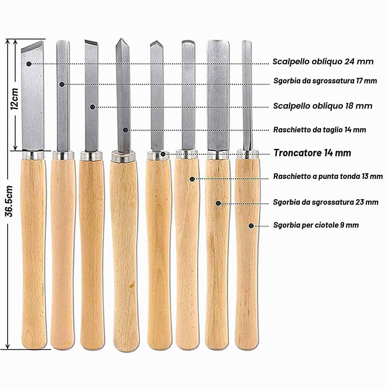 Set Di Scalpelli per Tornio per Legno da 8 Pezzi, Accessori per Tornitura Del Legno Utensili per Tornitura Del Legno, Manici in Legno Duro, Sgorbia in Acciaio Al Manganese