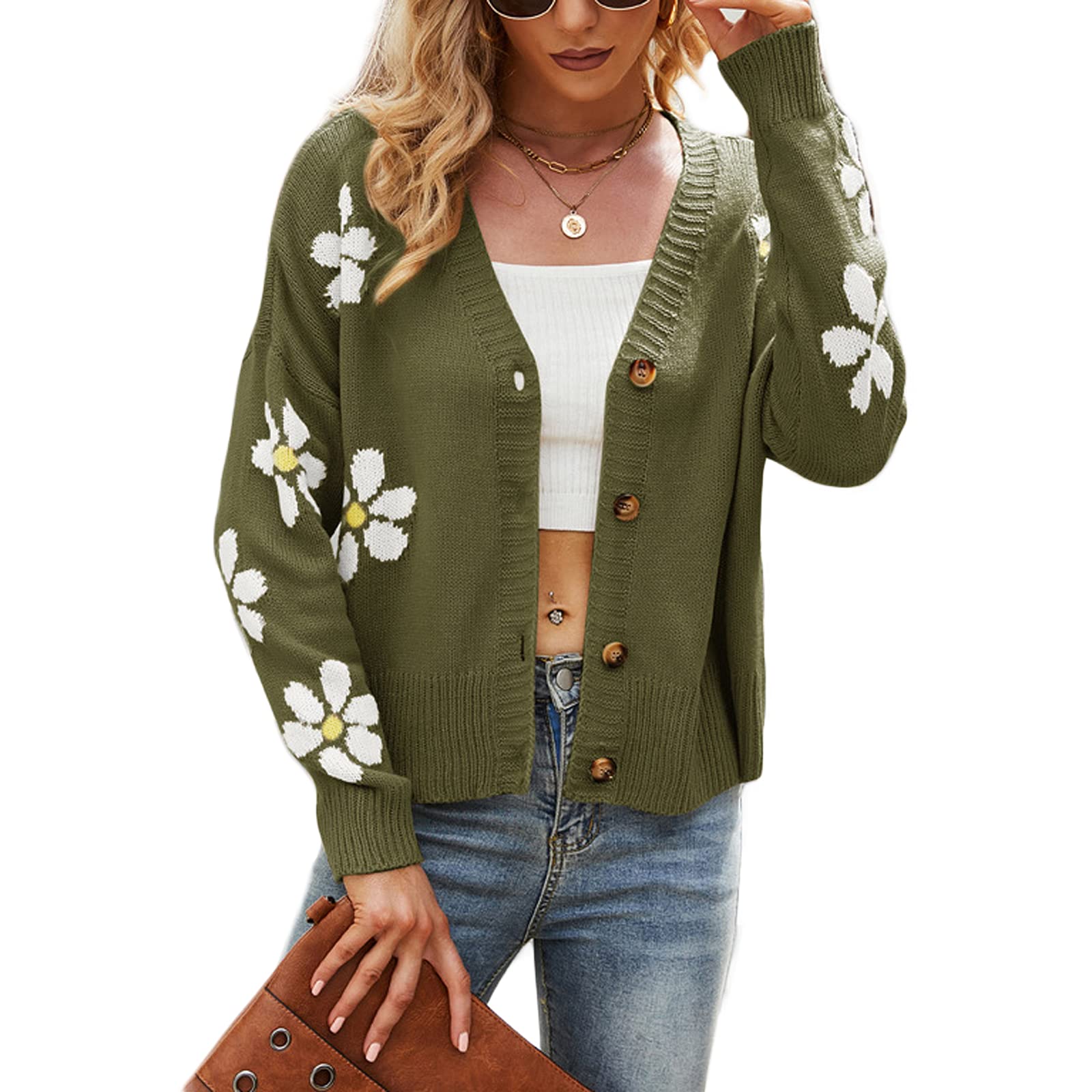 Womens Vintage Crochet Granny Square Cardigan Jumper Long Sleeve Button Down Floral Knitted Sweater Knitwear Cardigan
