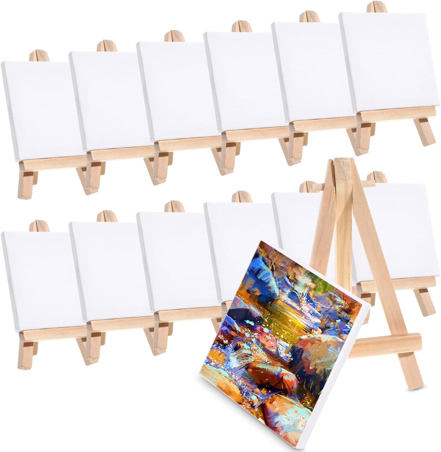 Stretched Mini Canvases 12 Sets Small Painting Canvas with Mini Easel Art Canvases Small for Painting Craft Acrylic Pouring Oil Water Color