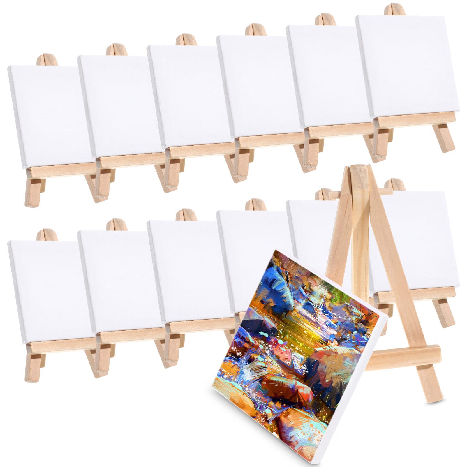 Stretched Mini Canvases 12 Sets Small Painting Canvas with Mini Easel Art Canvases Small Canvases for Painting Craft Acrylic Pouring Oil Water Color