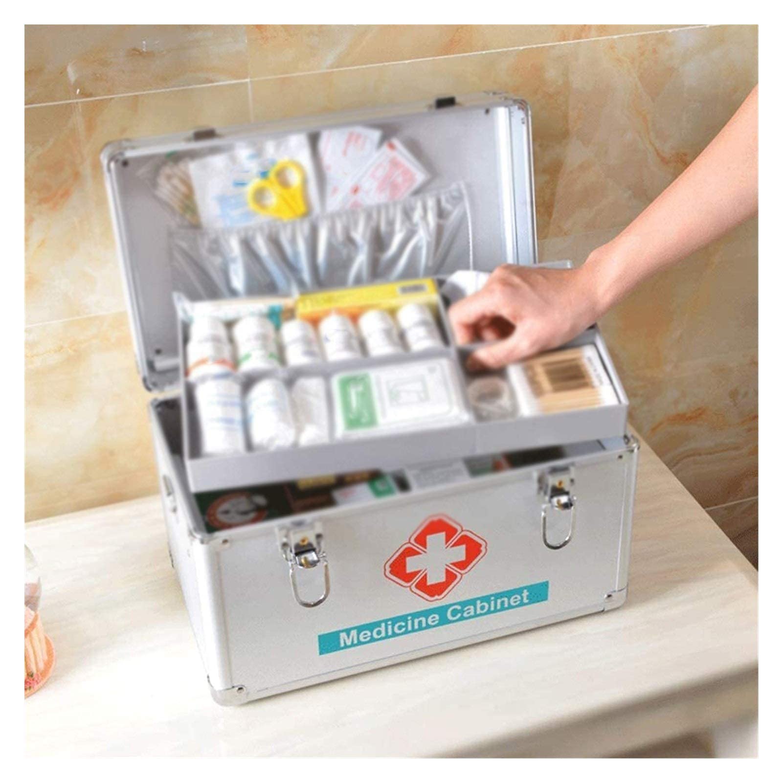 Etui na leki ratunkowe zamykane pudełko na leki, 2-warstwowy futerał pierwszej pomocy, aluminiowy pojemnik, szafka ratunkowa do ciężarówek, samochodów, kempingów i gotowości na zewnątrz 1023