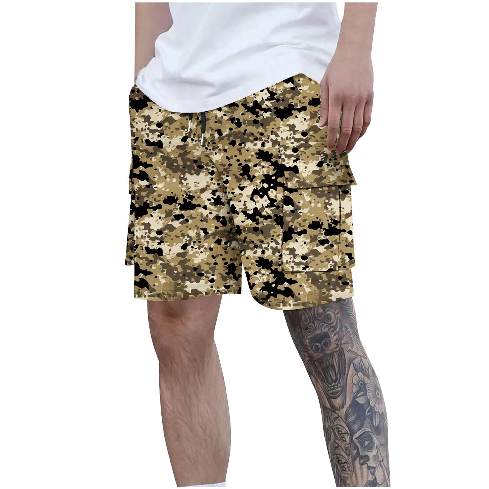 Cargo Shorts Herren Kurze Hosen Sommer Camouflage Hose Kurz Arbeitshose Casual Laufshorts Herrenshorts mit Kordelzug Baggy Cargoshorts Freizeitshorts Männer Outdoorshorts Khaki S