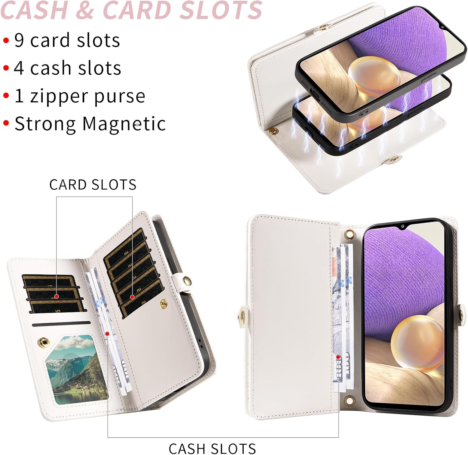 Phone Case for Samsung Galaxy A32 5G 2021 6.5 inch Zipper Wallet Detachable Cell Cover with Screen Protector Crossbody Strap Bling Flip Credit Card Holder M32 G5 A 32 32A SM-A326U A326U Women White