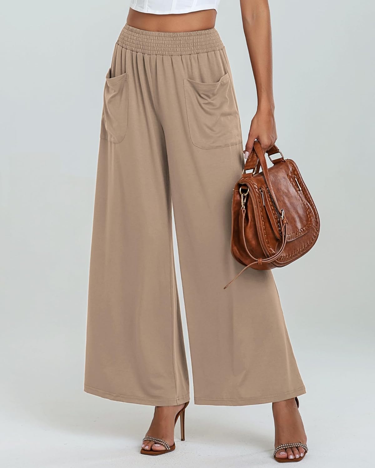 GRAPENT Wide Leg Pants for Women High Wasited Baggy Palazzo Pants Casual Pull On Bell Bottom Smocked Elastic Waist Pants - Image 2