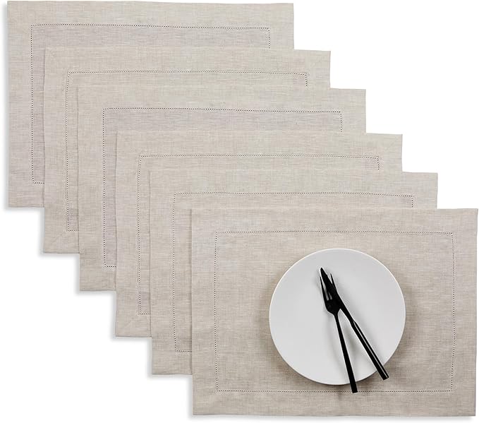 Solino Home Linen Placemats Set of 4 - Classic Hemstitch Light Natural Placemats 14 x 19 Inch - 100% Pure Linen Table Mats for Christmas, Holiday, New Year