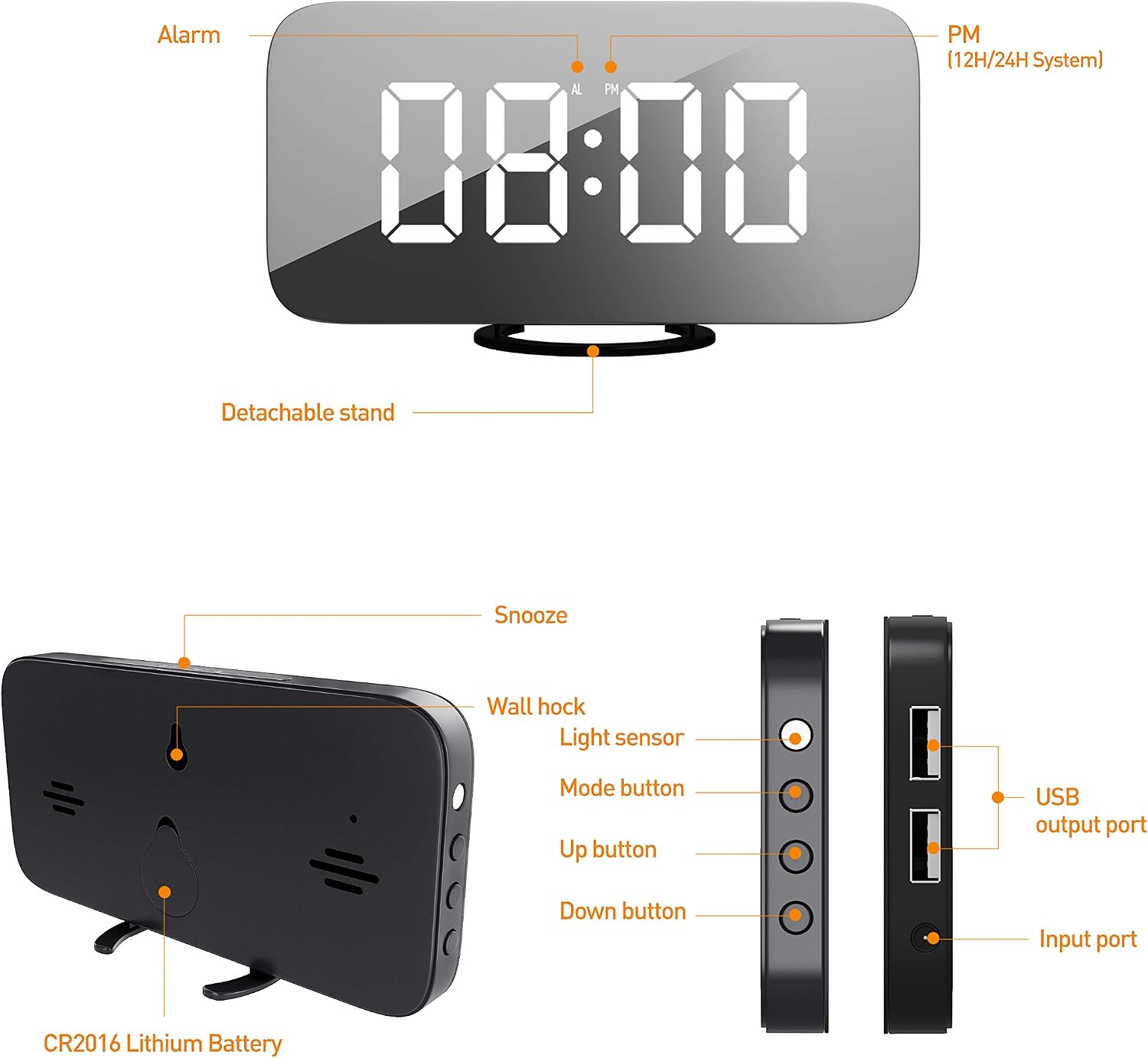 AOGUERBE Digital Alarm Clock, Large Mirror Surface LED Time Display with Dual USB Charging Ports Adjustable Brightness Night Mode with Automatic Dimming and Big Snooze Button for Home, Office, Travel