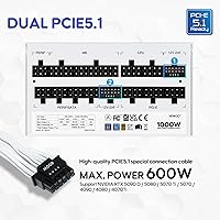 Vista 2 de Vetroo Fuente de alimentación blanca de 1000W ATX 3.1 Ready Dual PCIe 5.1, 80 Plus Gold totalmente modular, modo ecológico con ventilador FDB