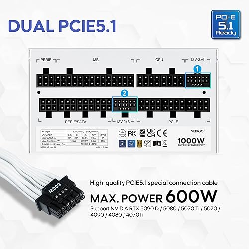 Miniatura 2 de Vetroo Fuente de alimentación blanca de 1000 W ATX 3.1 Ready Dual PCIe 5.1, 80 Plus Gold Full Modular, Modo Eco con ventilador FDB de 4.724 in,