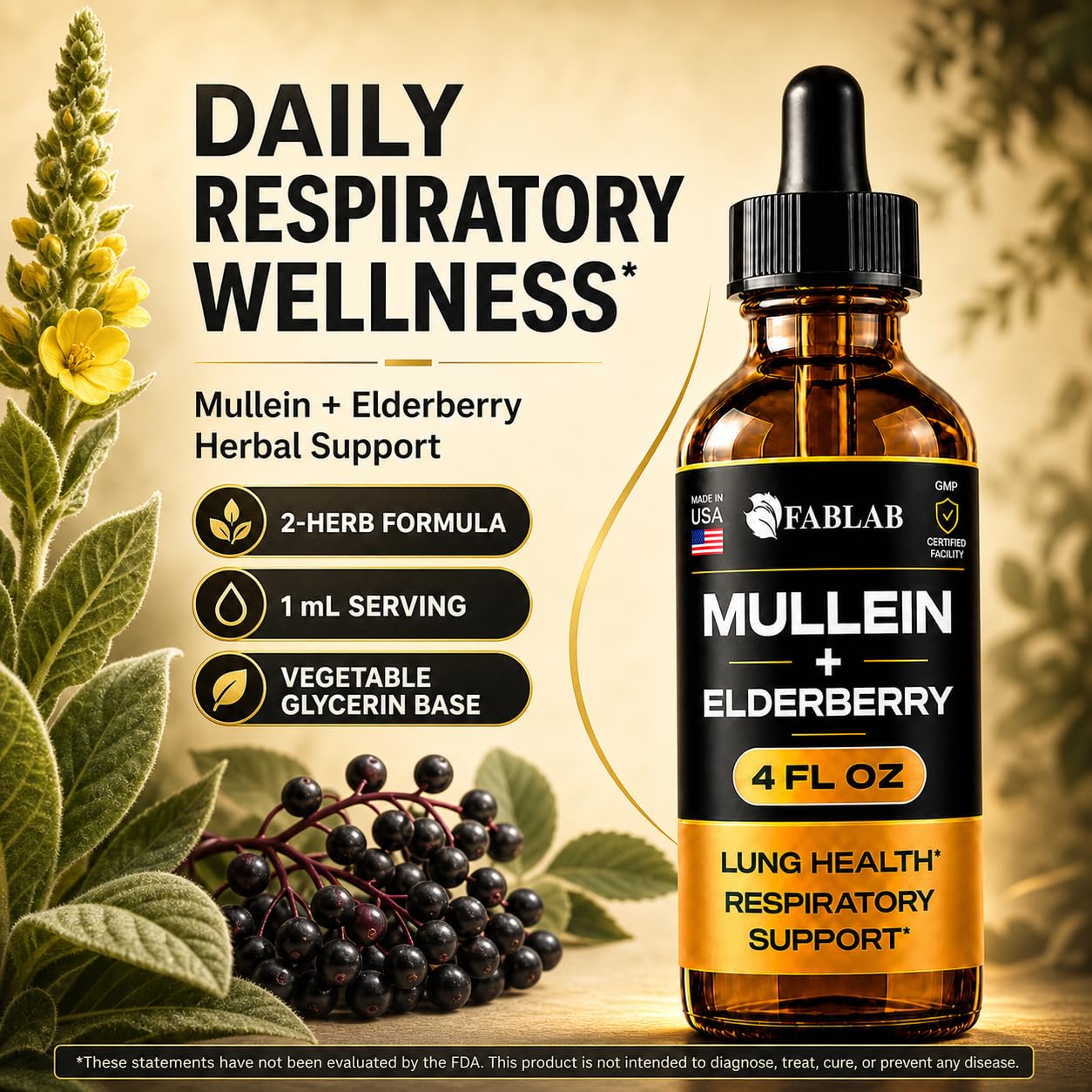 FabLab Mullein Drops with Elderberry, Mullein Tincture, 4 Fl Oz Made in USA — Amazon image 4