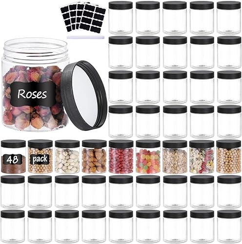 48 frascos de plástico de 8 onzas con tapas de rosca, etiquetas, recipientes redondos vacíos rellenables para almacenar alimentos secos, miel,