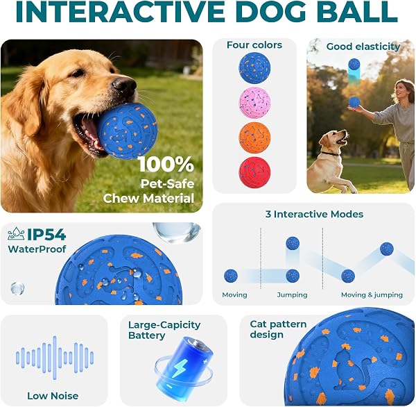 Smart Interactive Dog Toy Ball – Automatic Moving, Bouncing & Rolling, 3 Modes, Chew-Proof E-TPU Shell, Waterproof, Rechargeable,Dog Ball for Medium and Large Dogs, Blue - 2