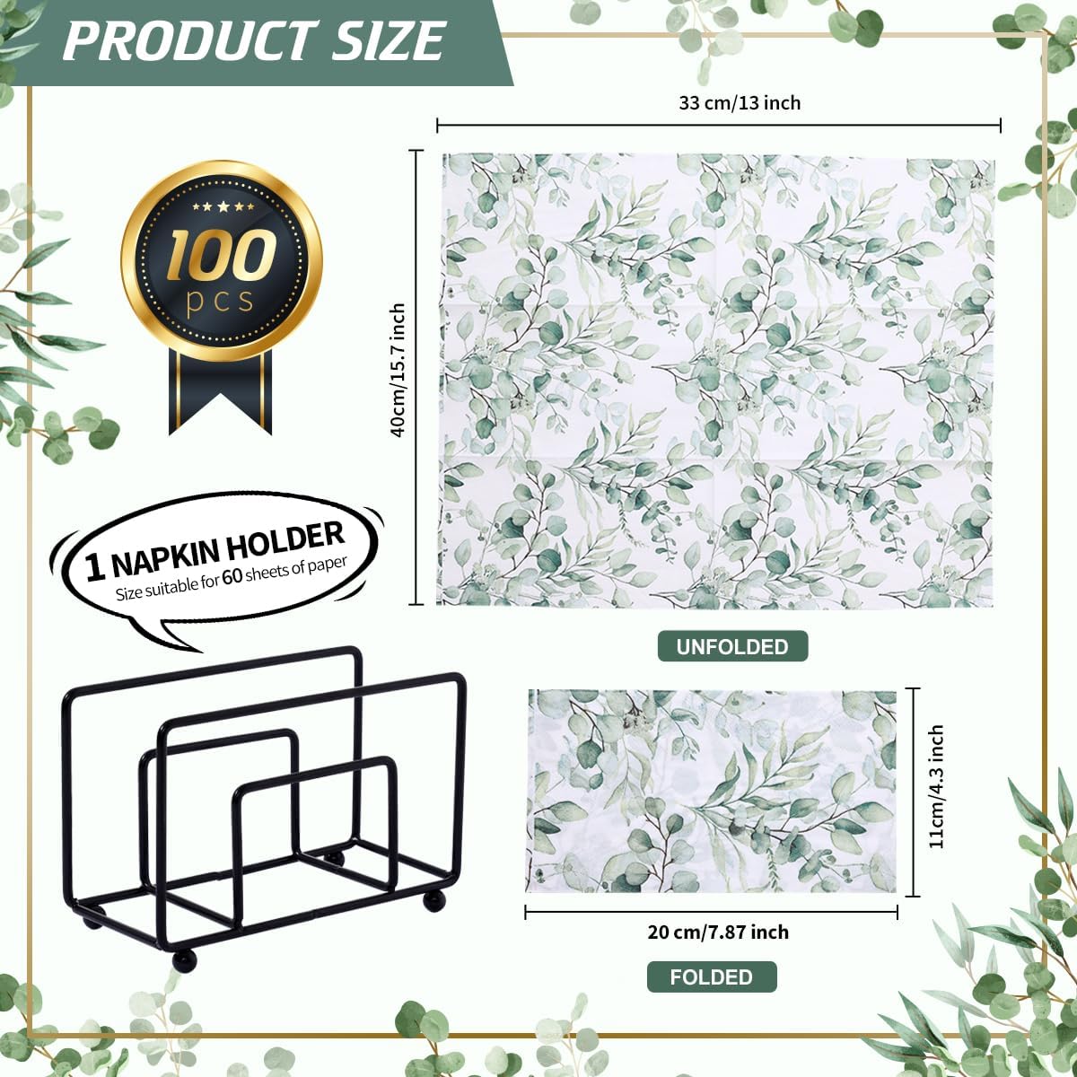 100Pcs Disposable Greenery Hand Towels and Metal Napkin Holder for Bathroom,Decorative Guest Napkins Paper and Black Napkin Holder for Baby Shower Party Supplies Table Decor