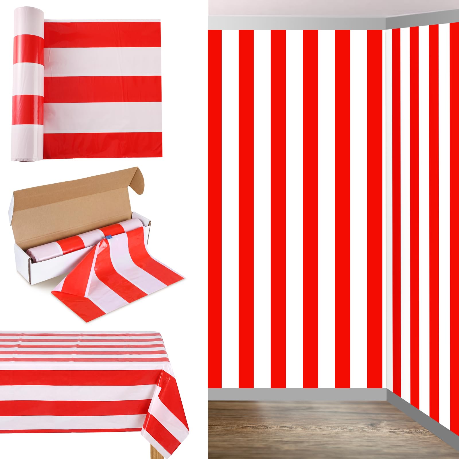 Oudain 54 Inch x 100 ft Red and White Striped Tablecloth Roll Cutter Box