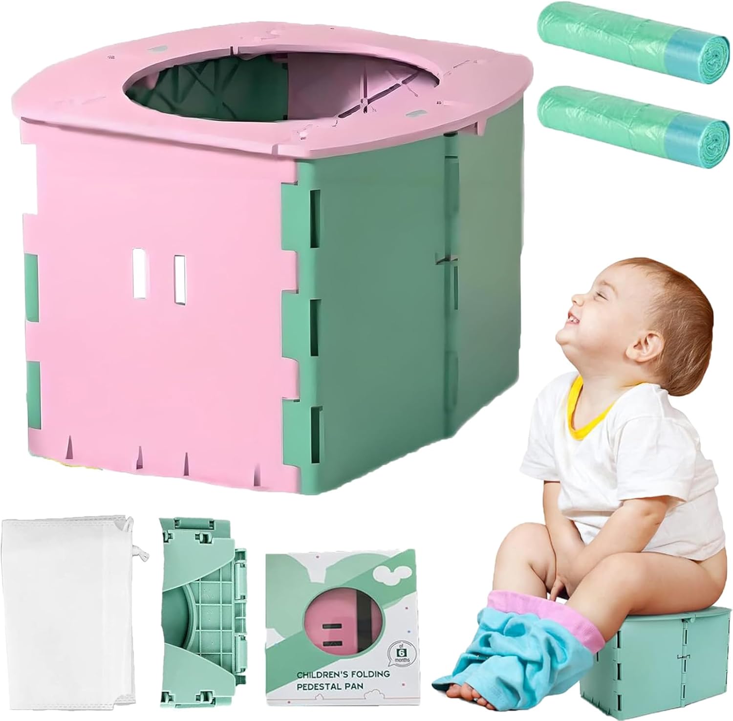 Baby Whisper Co Travel Potty, Collapsible Potty for Toddler Travel, Reusable Portable Foldable Potty Seat with Cleaning Bags, Foldable Toilet for Outdoor Camping, Toddler Potty Seat (Mix-A)