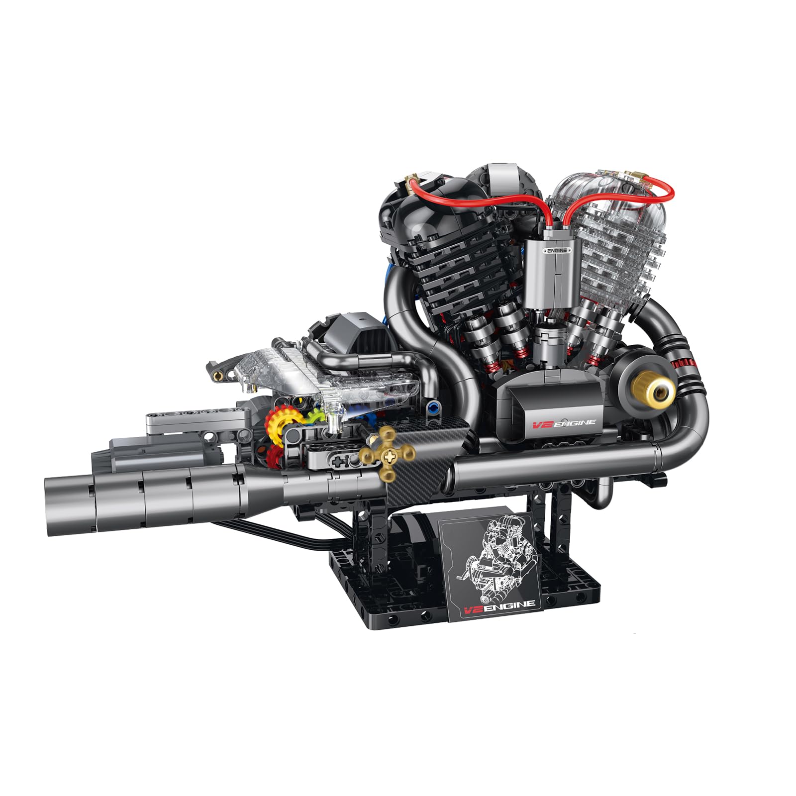muuchuu Technik V2 Engine Building Toy with Light Sound Smoke Motor Set, Motorcycle Engine that Work Brick Kit Adult, Model Motorbike Engine DIY Hobby STEM Toy Gifts for Kids Teens 14+