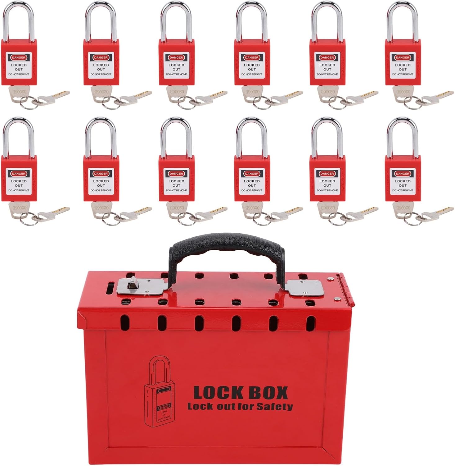 Red Lock Box Lockout Box Padlock Set with 12 Durable 38mm Padlocks & 24 Keys - Portable Safety Lockout for Group Use - Ideal for Industrial & Chemical Environments